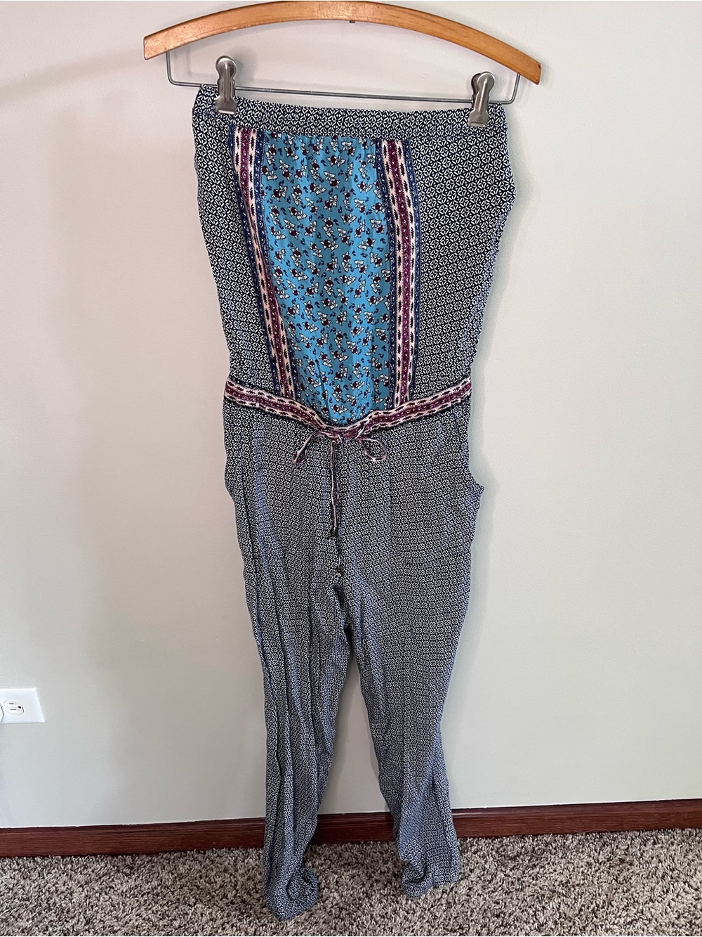 Aeropostale Womens Strapless Mixed Print Jumpsuit XS Blue Floral Geometric Boho